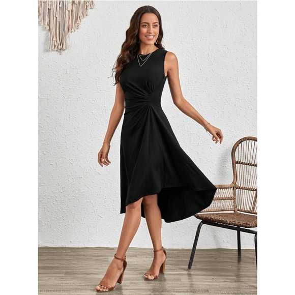 Verdusa Women's Sleeveless Crew Neck Ruched Front Asymmetrical Hem Midi Dress - Picture 5 of 8